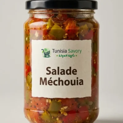 Salade méchouia tunisienne composée de tomates, piments et ail grillés au feu de bois, relevée et épicée.