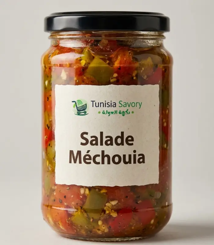 Salade méchouia tunisienne composée de tomates, piments et ail grillés au feu de bois, relevée et épicée.