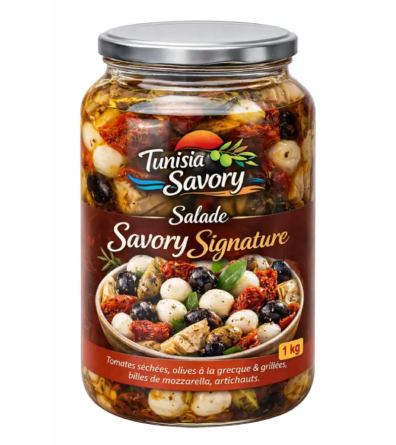 Salade Signature Savory à la mozzarella, salade gourmande inspirée du terroir tunisien