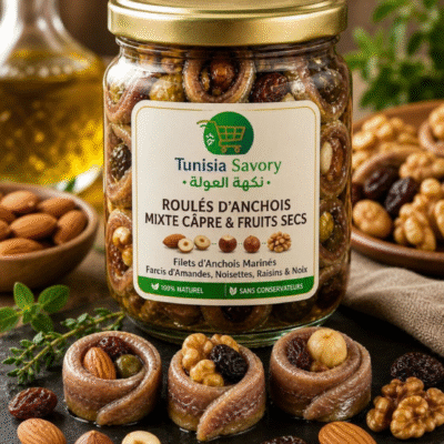 Roulés d’anchois garnis de câpres et fruits secs