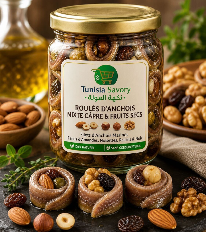 Roulés d’anchois garnis de câpres et fruits secs